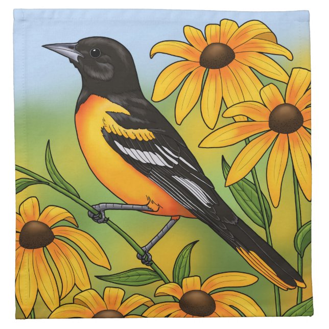MD State Bird Oriole & Black-eyed Susan Flower Cloth Napkin (Front)