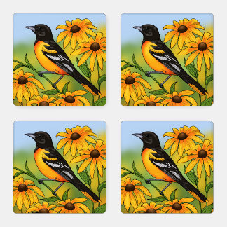 MD State Bird Oriole & Black-eyed Susan Flower Coaster Set