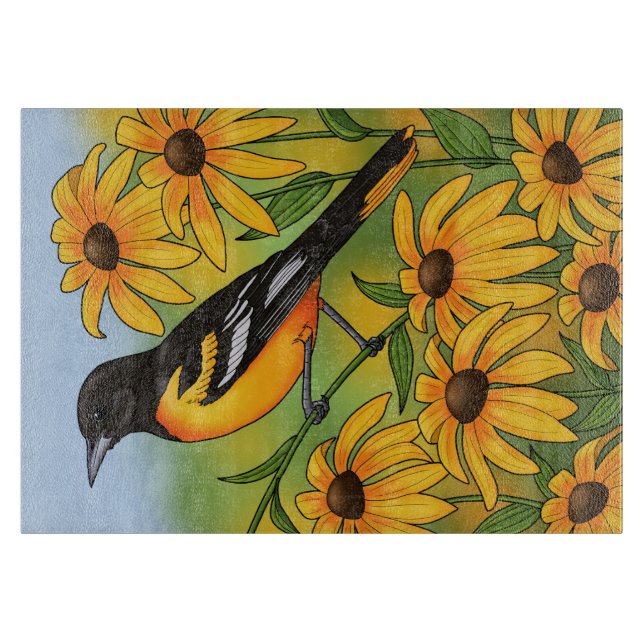 MD State Bird Oriole & Black-eyed Susan Flower Cutting Board (Front)