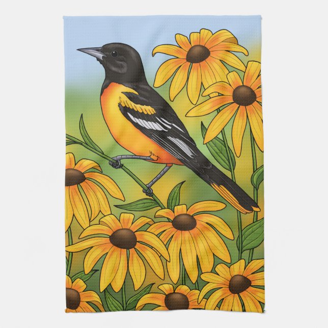 MD State Bird Oriole & Black-eyed Susan Flower Kitchen Towel (Vertical)