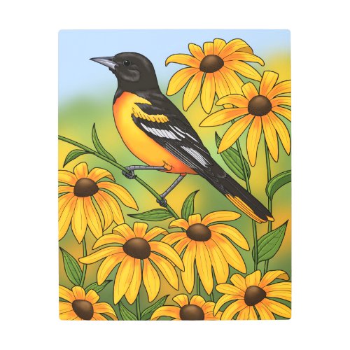 MD State Bird Oriole  Black_eyed Susan Flower Metal Print