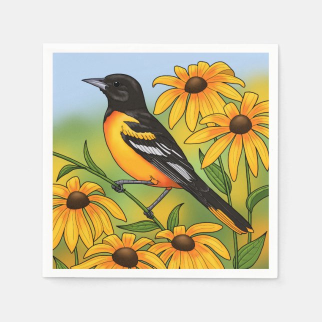 MD State Bird Oriole & Black-eyed Susan Flower Napkins (Front)