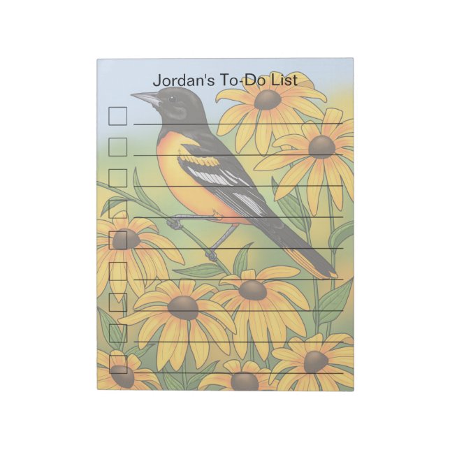MD State Bird Oriole & Black-eyed Susan Flower Notepad (Rotated)