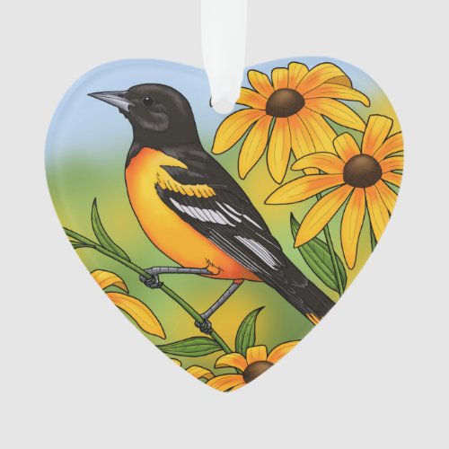 MD State Bird Oriole  Black_eyed Susan Flower Ornament