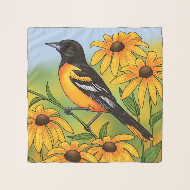 MD State Bird Oriole & Black-eyed Susan Flower Scarf (Front)