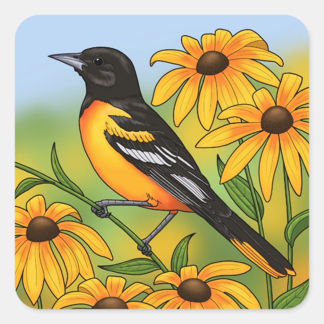 MD State Bird Oriole & Black-eyed Susan Flower Square Sticker (Front)