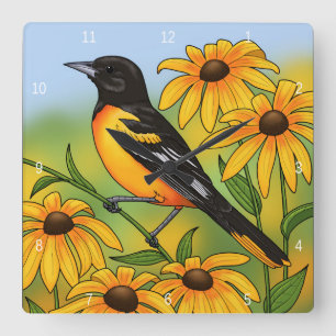 MD State Bird Oriole & Black-eyed Susan Flower Square Wall Clock