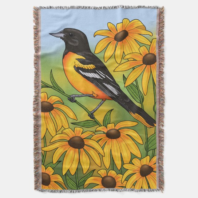 MD State Bird Oriole & Black-eyed Susan Flower Throw Blanket (Front Vertical)