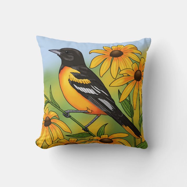 MD State Bird Oriole & Black-eyed Susan Flower Throw Pillow (Front)
