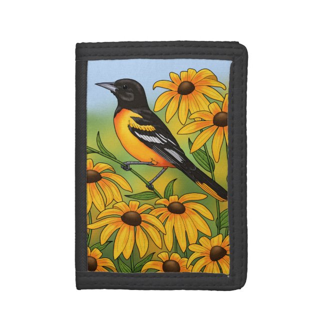 MD State Bird Oriole & Black-eyed Susan Flower Trifold Wallet (Front Vertical)