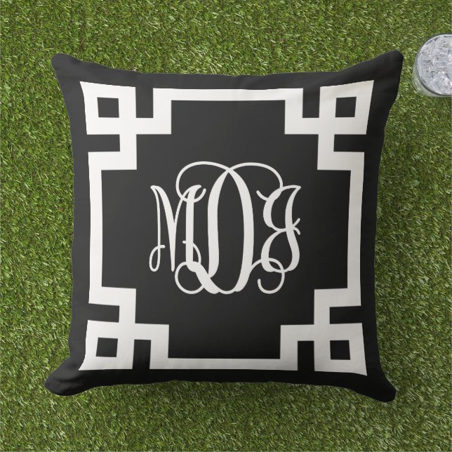 MDJ Black and White Greek Key Script Monogram Outdoor Pillow (Grass)