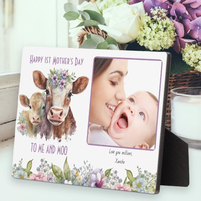 Me and Moo Mommy and Baby Cow Mother's Day Photo Plaque (Mother's Day photo plaque with cute mommy and baby cow and fun pun to Me and Moo)