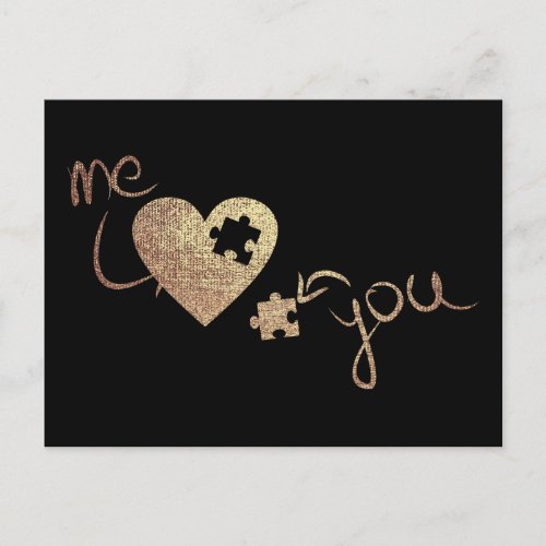 Me and You Heart Puzzles Love Valentine Black Gold Holiday Postcard