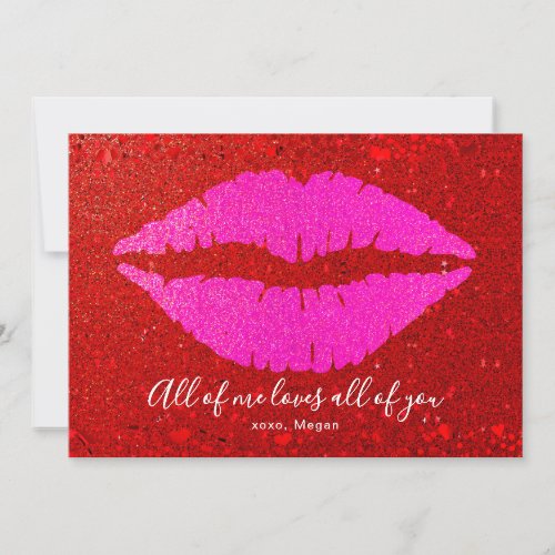 Me Loves All of You Valentine Pink Lip Red Glitter Holiday Card