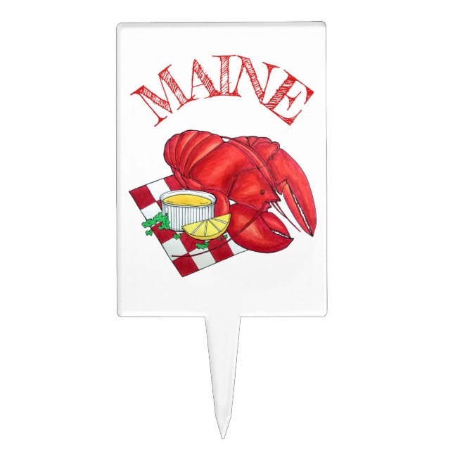 ME Maine Lobster Shack Seafood Dinner Red Gingham Cake Topper (Front)