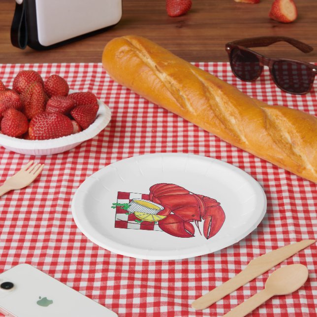 ME Maine Lobster Shack Seafood Dinner Red Gingham Paper Plates (Picnic)