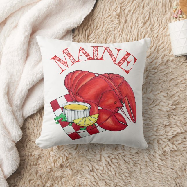 ME Maine Lobster Shack Seafood Dinner Red Gingham Throw Pillow (Blanket)