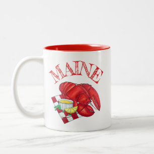 ME Maine Lobster Shack Seafood Dinner Red Gingham Two-Tone Coffee Mug