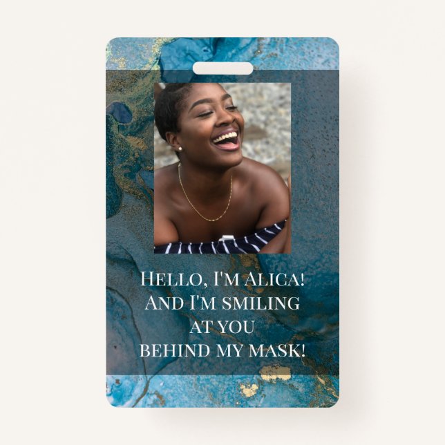 Me Smiling at You Behind this Mask! Aqua & Gold Badge (Front)
