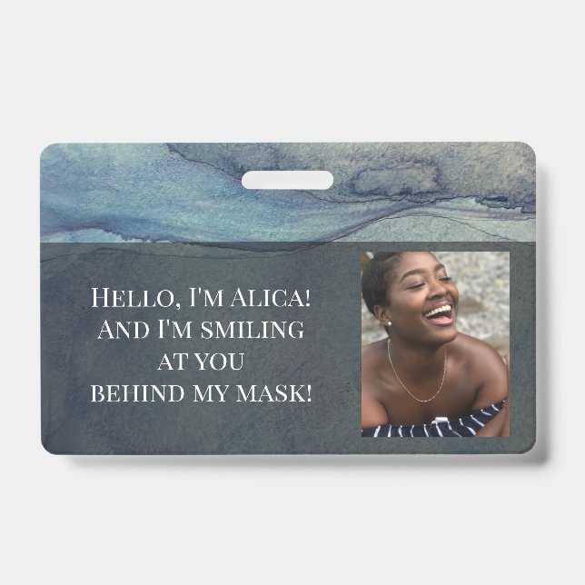 Me Smiling at You Behind this Mask! Blue Abstract Badge (Front)