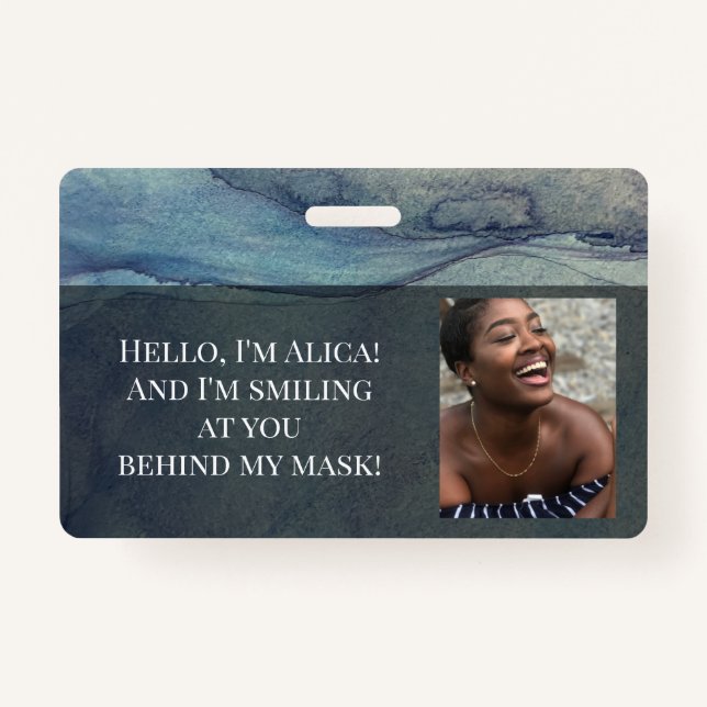 Me Smiling at You Behind this Mask! Blue Abstract Badge (Front)