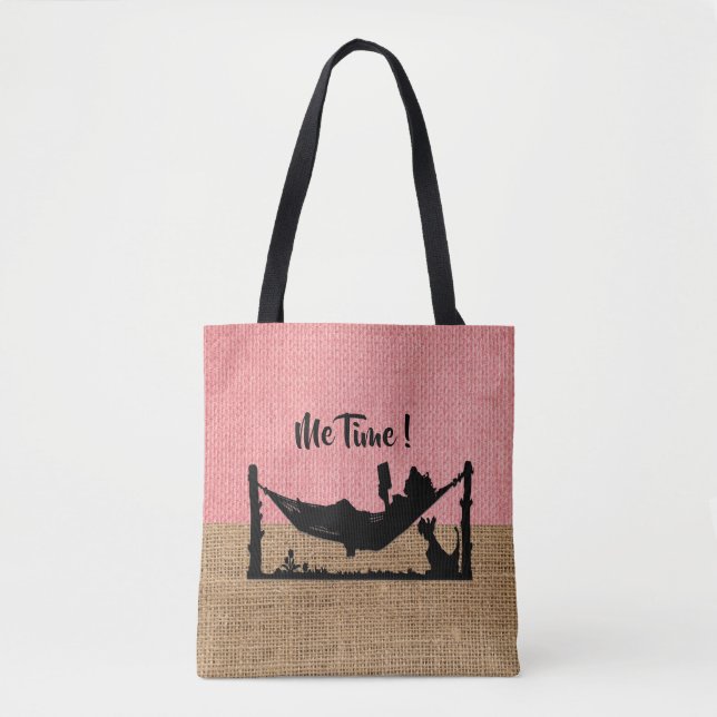 Me-Time Coral and  Beige & Burlap Texture Tote Bag (Front)