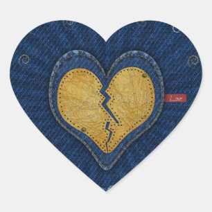 Me-you broken leather and jeans fabric heart sticker