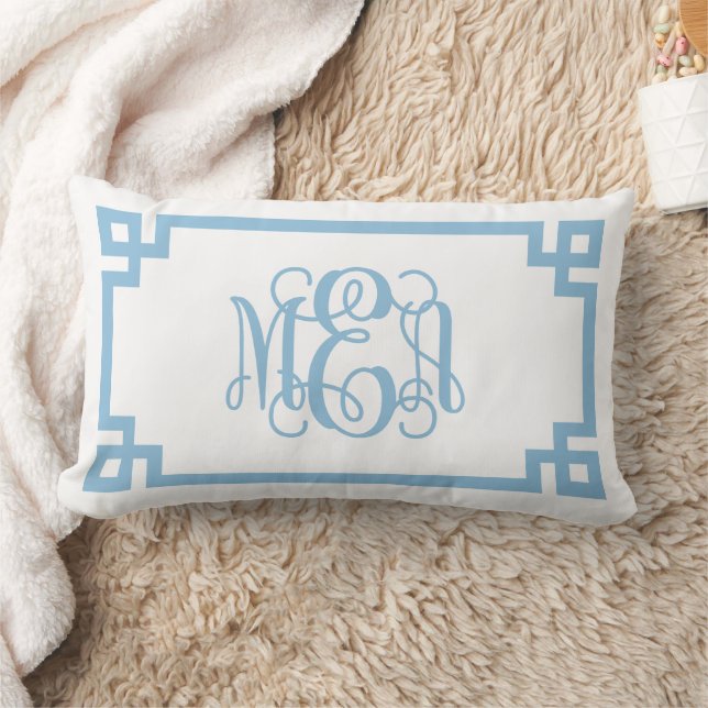 MEA Sky Blue Greek Key Script Monogram Lumbar Pillow (Blanket)