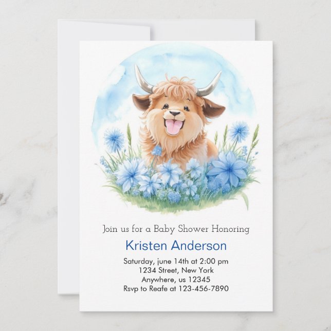 Meadow Adventure Blue Highland Cow Boy Baby Shower Invitation (Front)