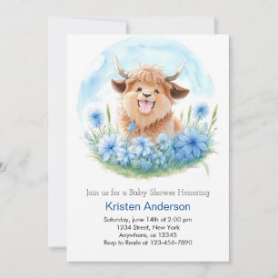 Meadow Adventure Blue Highland Cow Boy Baby Shower Invitation