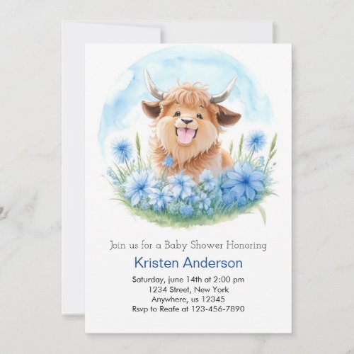 Meadow Adventure Blue Highland Cow Boy Baby Shower Invitation