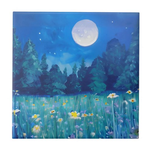 Meadow and Forest Under a Full Moon Ceramic Tile