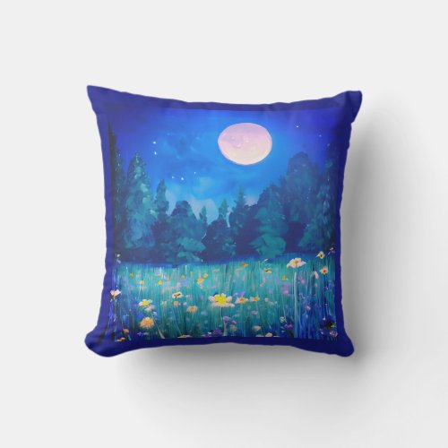 Meadow and Forest Under a Full Moon Outdoor Pillow