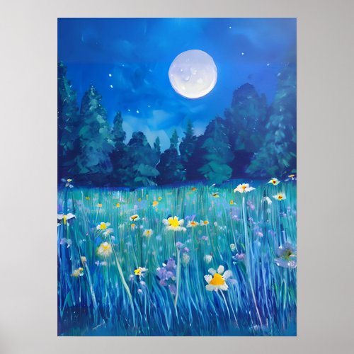 Meadow and Forest Under a Full Moon Poster