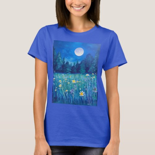 Meadow and Forest Under a Full Moon T_Shirt
