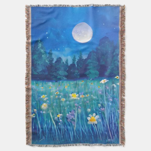 Meadow and Forest Under a Full Moon Throw Blanket