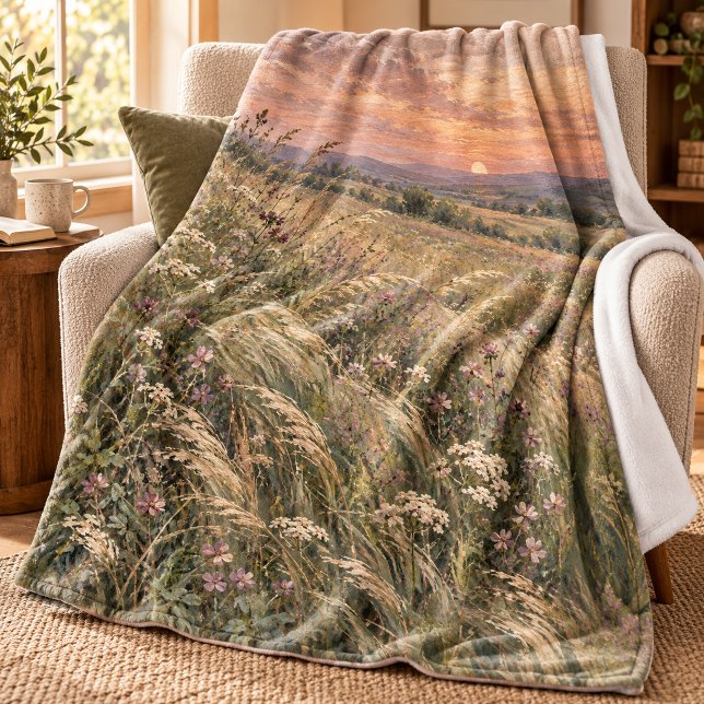 Meadow at Dusk Throw Blanket (Styled preview of the 30 x 40 inch fleece lap blanket with printed front and white reverse. Decorative props are not included.)