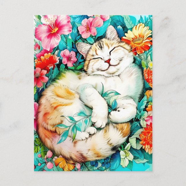 Meadow Blossom Cat Bliss Watercolor Holiday Postcard (Front)