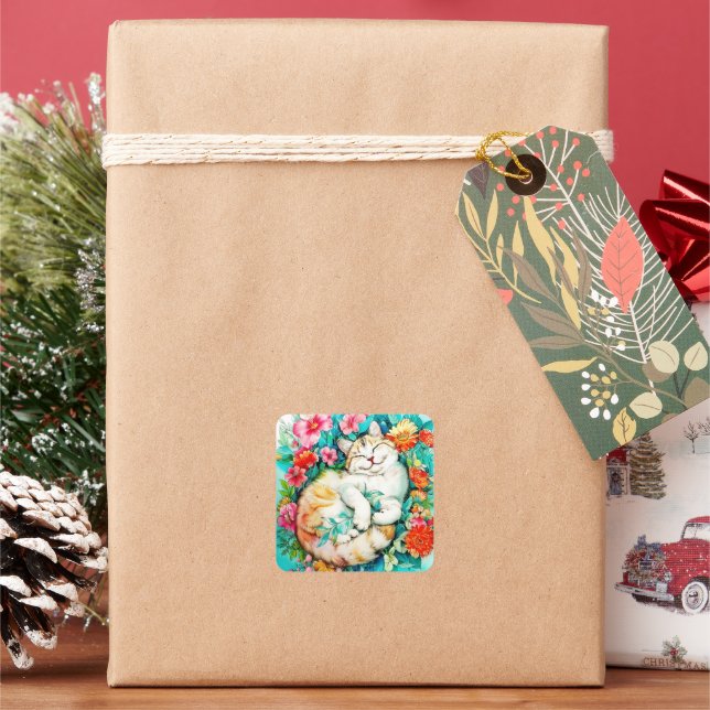 Meadow Blossom Cat Bliss Watercolor Square Sticker (Holiday)