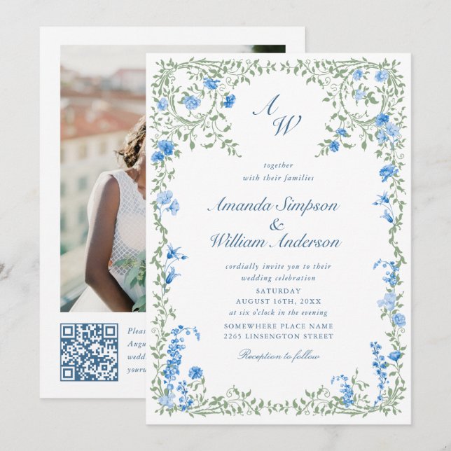 Meadow Blue French Roses Wedding QR code Photo Invitation (Front/Back)