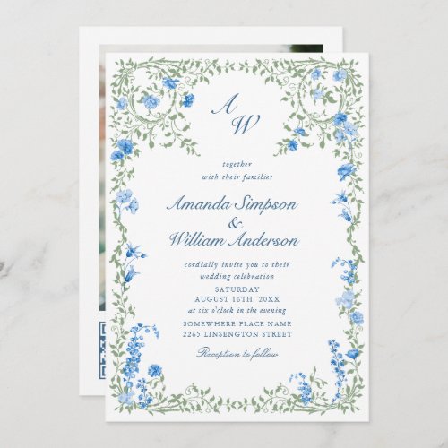 Meadow Blue French Roses Wedding QR code Photo Invitation