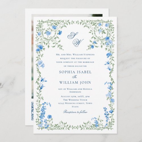Meadow Blue French Roses Wedding QR code Photo Invitation