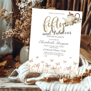 Meadow Butterflies Tea Cup 50th Birthday Invitation