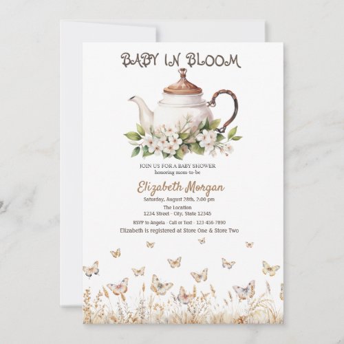 Meadow Butterflies Teapot Baby Shower Invitation