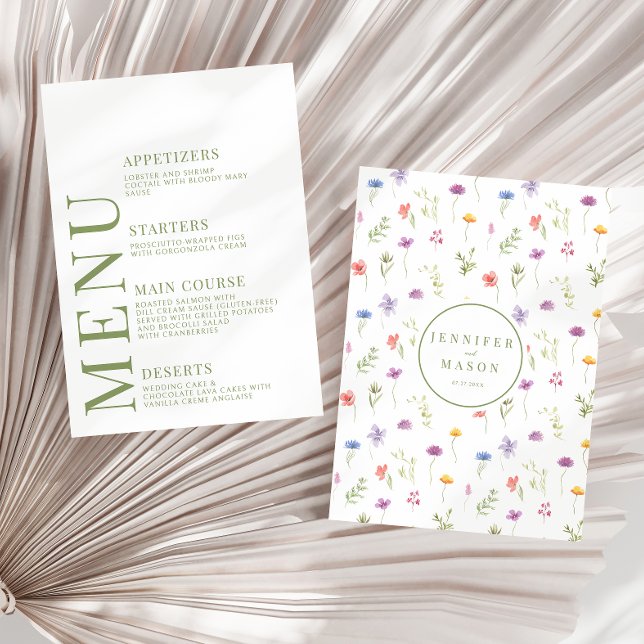 Meadow colorful wildflower boho wedding menu cards (Creator Uploaded)