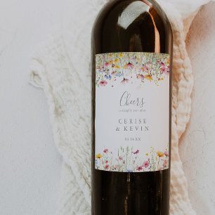 Meadow Colorful Wildflower Cheers Wedding Wine Label