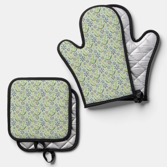 Meadow | Dancing Watercolor Daisies Oven Mitt & Pot Holder Set (Front/Back)