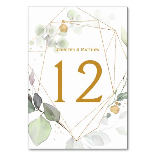 Meadow Eucalyptus Leaves Green  Gold Geometric Table Number