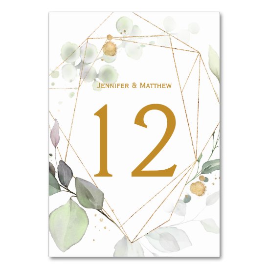 Meadow Eucalyptus Leaves Green & Gold Geometric Table Number