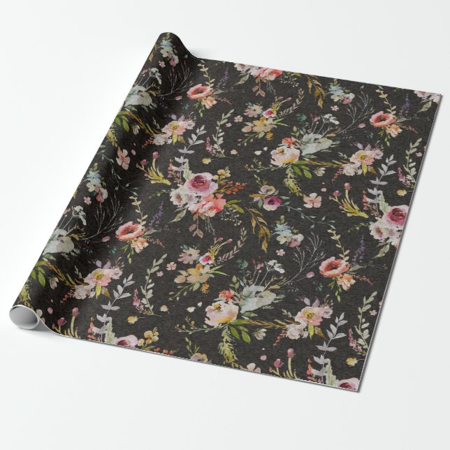 Meadow Floral - Black Gift Wrap (Unrolled)